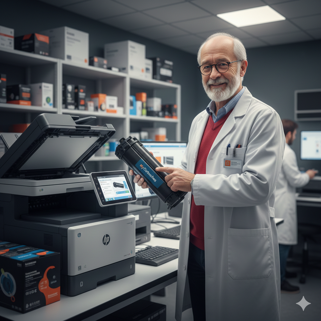 créer une infographie sur le choix de cartouches d'encre pour imprimante HP, en utilisant uniquement du vert fluo sur fond blanc avec textes en blanc et noir.