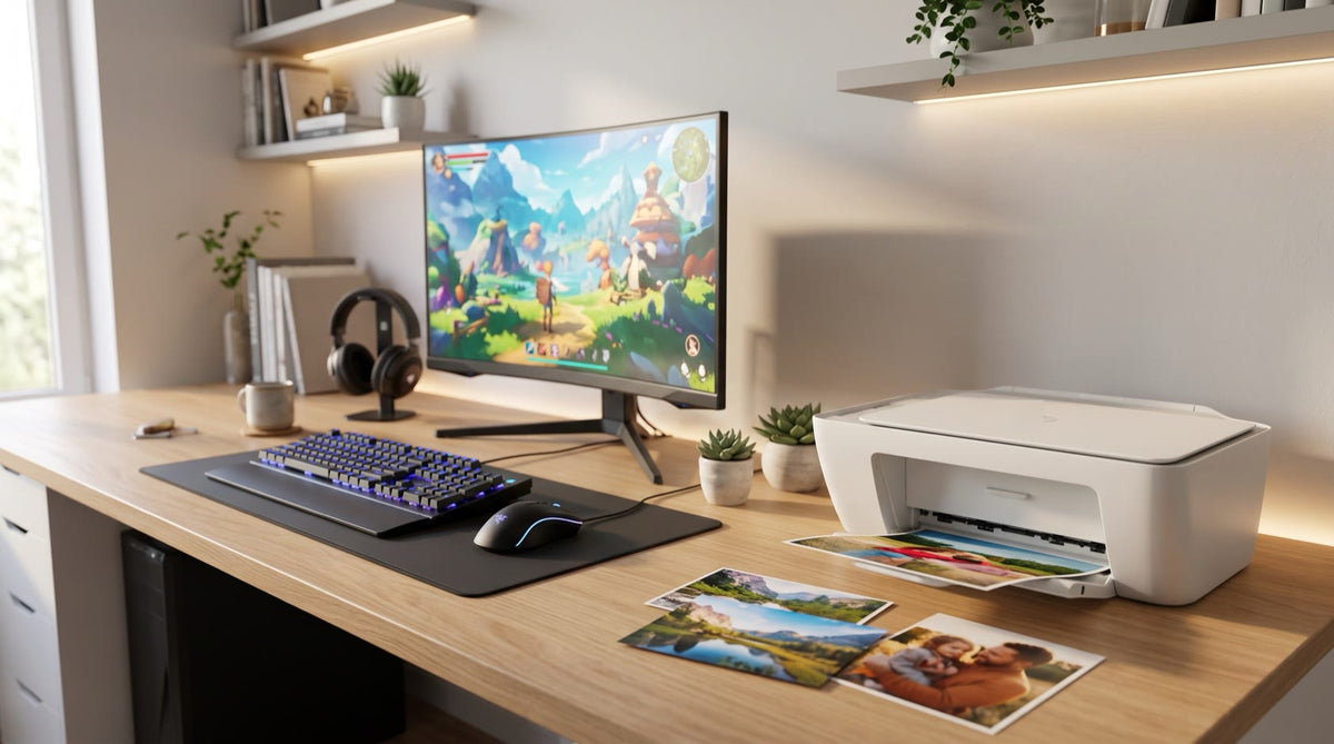 Bureau avec écran PC gamer incurvé, clavier rétroéclairé et imprimante jet d'encre