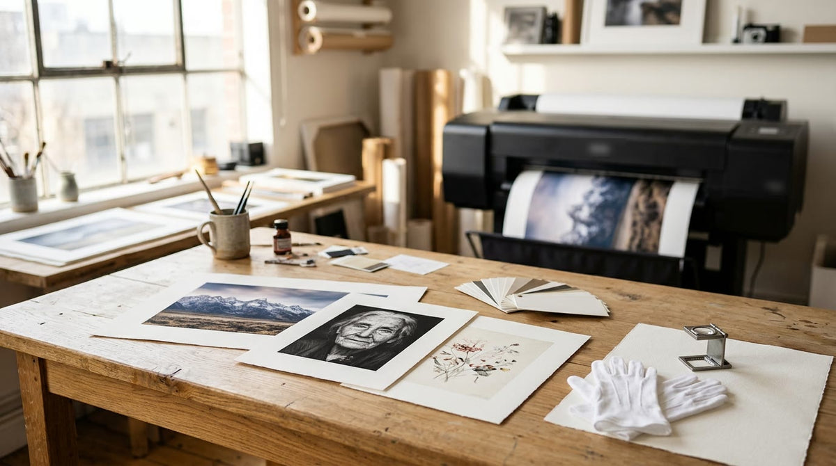 Atelier photo avec tirages Fine Art sur papier coton mat, échantillons de papier et imprimante photo jet d'encre grand format