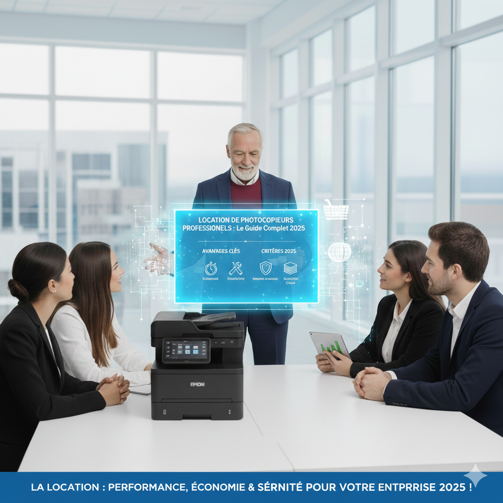Employé(e) souriant(e) utilisant un photocopieur, environnement bureau lumineux