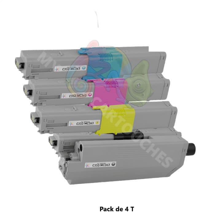 mycartouches Toner/Laser B.C.M.Y / COULEUR:3 000 Pages / C332/MC363 Pack 4 Toners OKI C332 Noir Cyan Magenta Jaune — C332DN, MC363DN