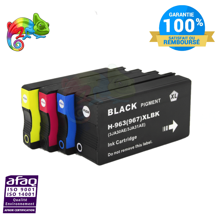 mycartouches ads Jet d'encre B.C.M.Y / BK 2000 pages/CL 1600 pages / H963XL/967XL /  3JA30AE Pack de 4 cartouches HP 963/967 XL - B,C,M,Y - Niveau d'encre (Copie)