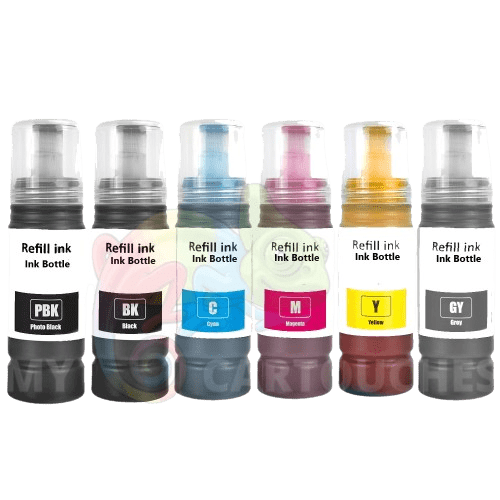 mycartouches eco-tank BK.PBK.C.M.Y.GY / 70 ML / T114 Pack de 6  Flacon d'encre Epson ECO-TANK 114 Compatible
